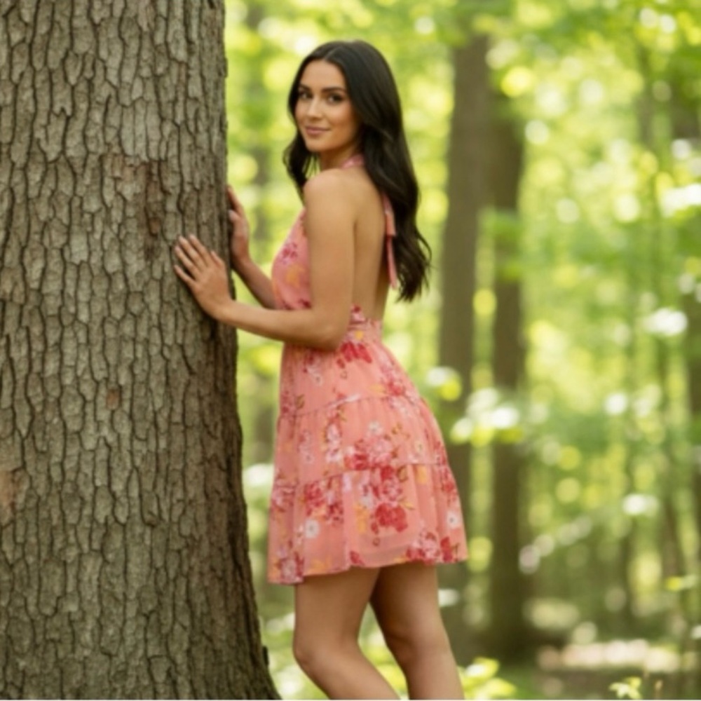 Emerald Sundae Junior's Coral Tied Smock Floral Halter Dress Orange Size X-Small - Picture 5 of 12